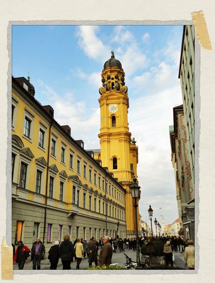 'A view of Theatinerkirche from down the street &ndash; the sun had just started to come out and the church glowed