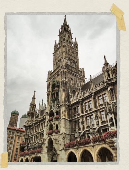 'We arrived in Munich's center square, Marienplatz, exactly at noon. As luck would have it, that's one of the few times during each day that the Glockenspiel clock (located around the center of the photo) rings on the Neues Rathaus (New City Hall).
